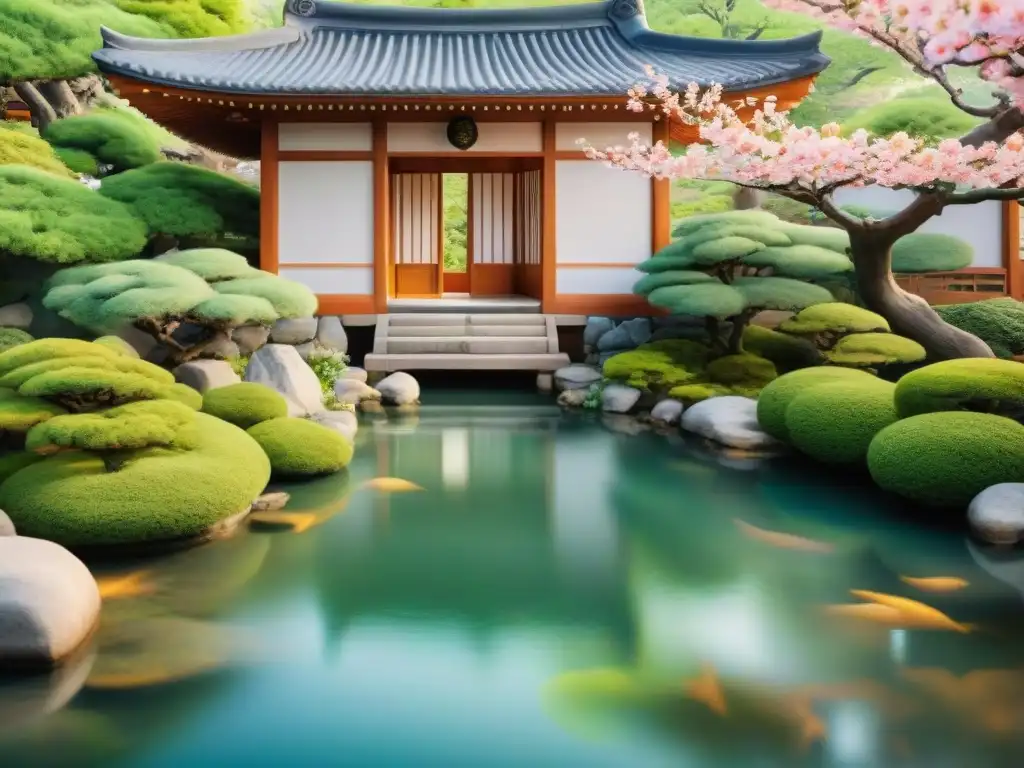 Un jardín japonés con cerezos en flor, un estanque de peces koi y una casa tradicional coreana entre vegetación exuberante