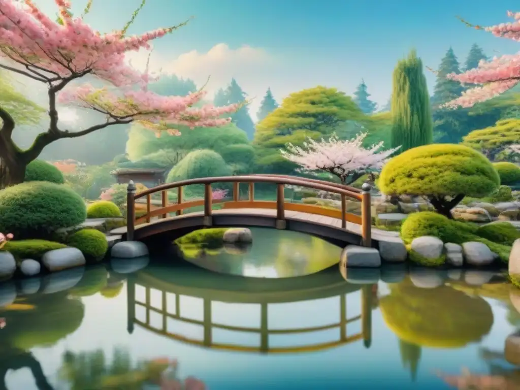 Un jardín japonés con cerezos en flor, un puente de madera tradicional sobre un estanque y peces koi