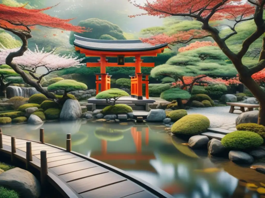 Un jardín japonés con cerezos en flor, un torii rojo y un estanque, donde se practica caligrafía