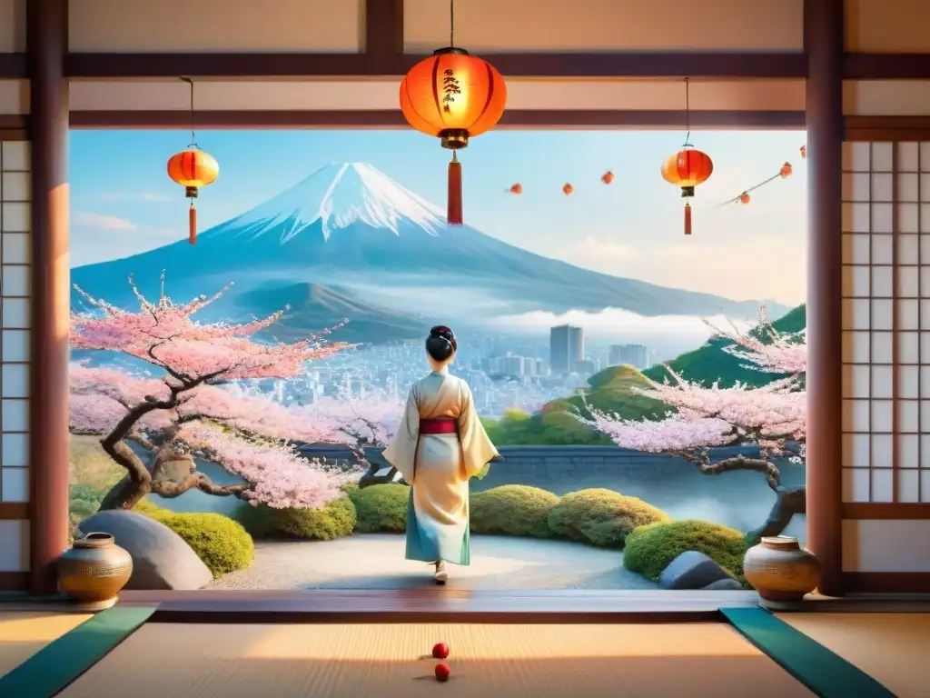 Un jardín japonés y un patio coreano se fusionan en una ilustración acuarela, con hanboks y yukatas bajo la luz de las linternas