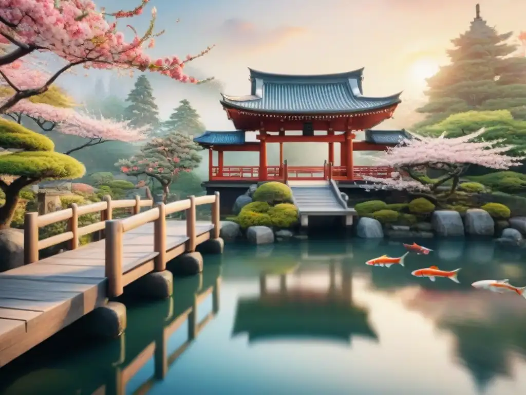 Un jardín japonés sereno con cerezos en flor, peces koi y una pagoda al atardecer