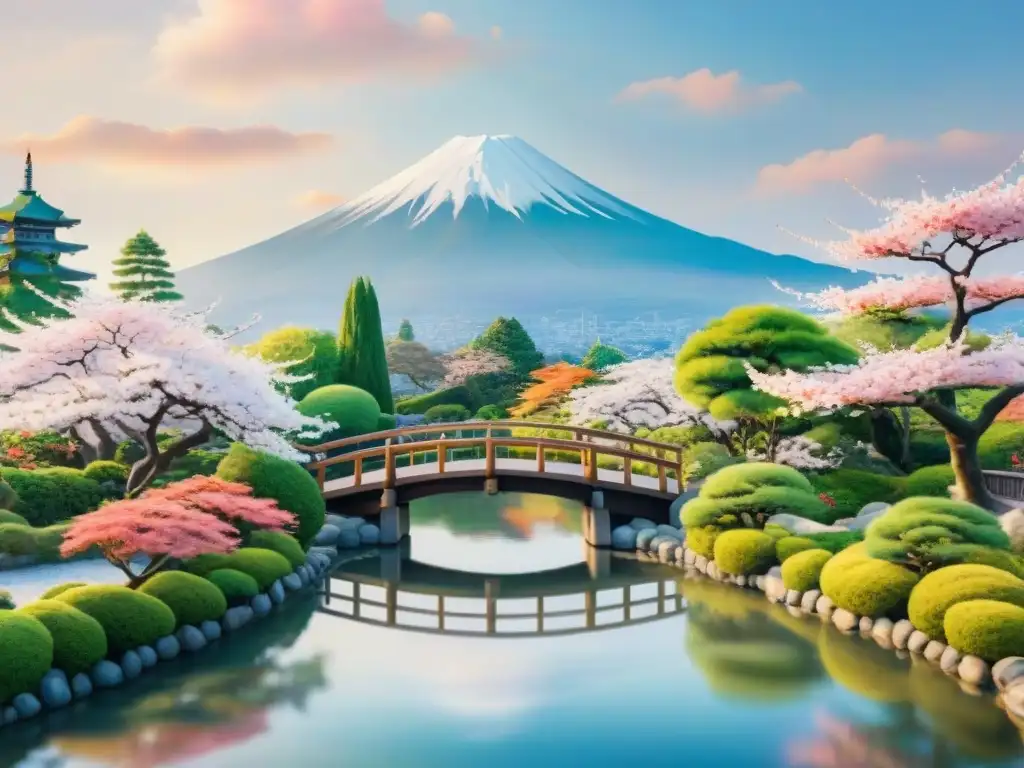 Un jardín japonés sereno con cerezos en flor, peces koi y el Monte Fuji al fondo