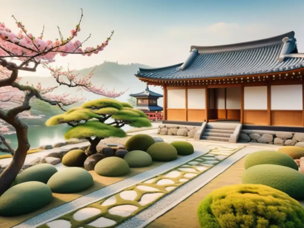 Un jardín japonés sereno con cerezos en flor y una casa tradicional coreana, simbolizando la historia de préstamos lingüísticos japonés-coreano