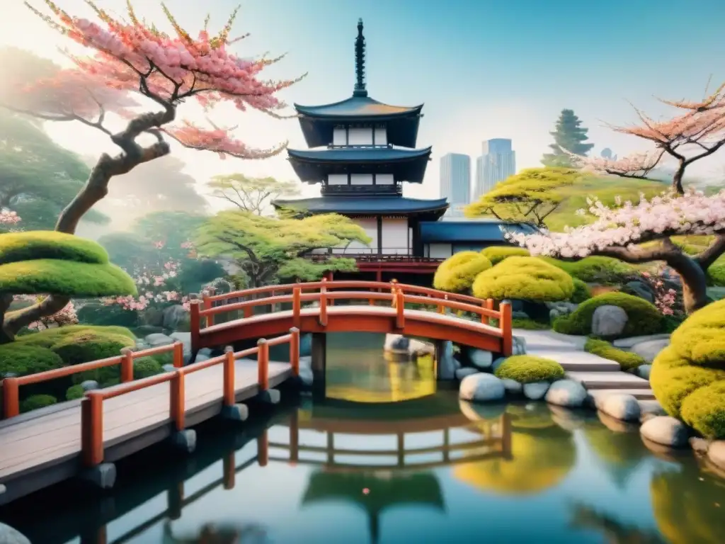 Un jardín japonés sereno con cerezos en flor, koi en el estanque y una pagoda