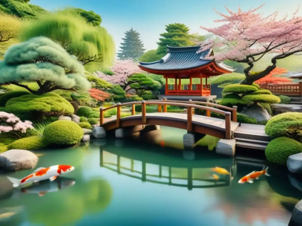 Un jardín japonés sereno con puente de madera, peces koi y pagoda entre los cerezos en flor