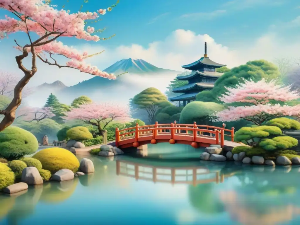 Un jardín japonés tranquilo con cerezos en flor y una pagoda, ilustración acuarela