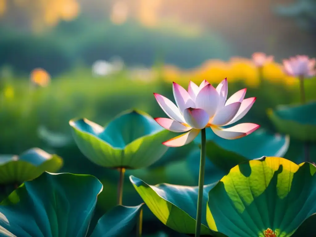 Un jardín sereno con flores de loto y un arroyo, perfecto para aprender sánscrito de forma sencilla