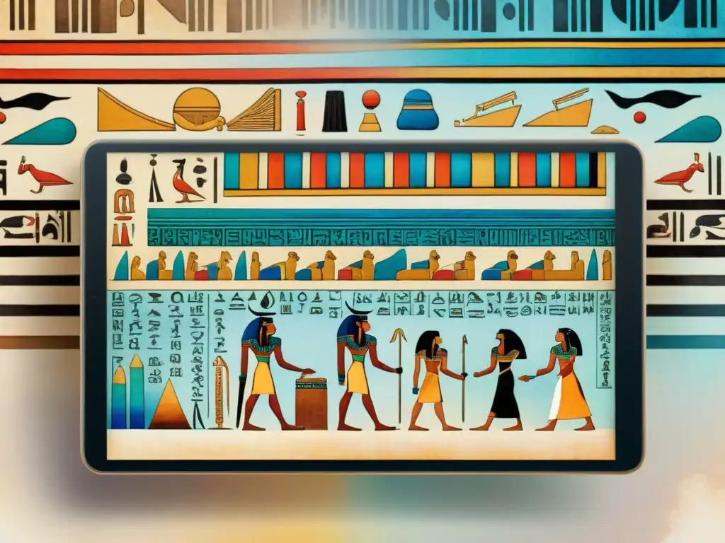 Fusión de jeroglíficos egipcios antiguos y tecnología digital moderna, resaltando el legado lingüístico antiguo Egipto