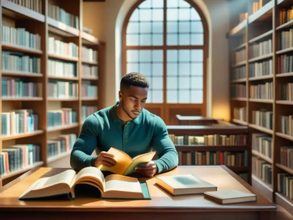 Un joven de ascendencia diversa lee un manuscrito latino en una biblioteca moderna, destacando la influencia literaria del Latín