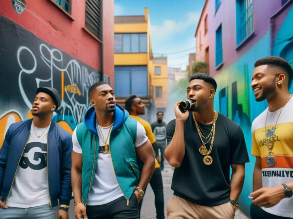 Jóvenes urbanos en graffiti: Freestyle y beatbox en vibrante callejón Jóvenes urbanos crean rap en un callejón graffiteado con identidad lingüística en rap urbano