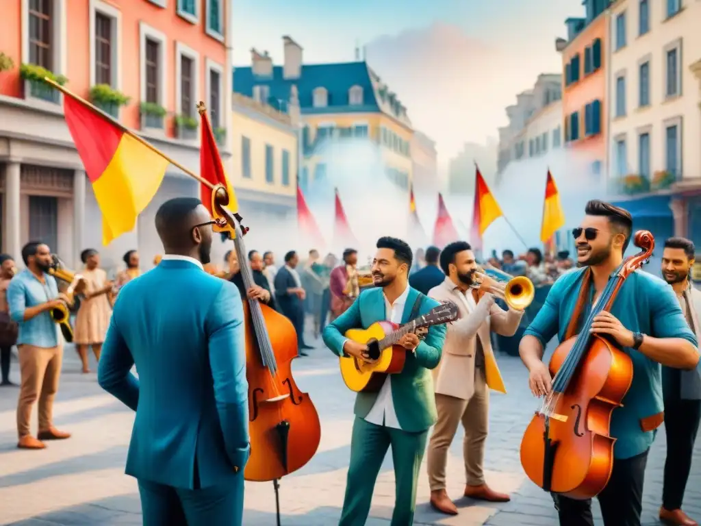 Fusión de lenguas en música: Diversos músicos de distintas culturas tocando juntos en una plaza vibrante y colorida