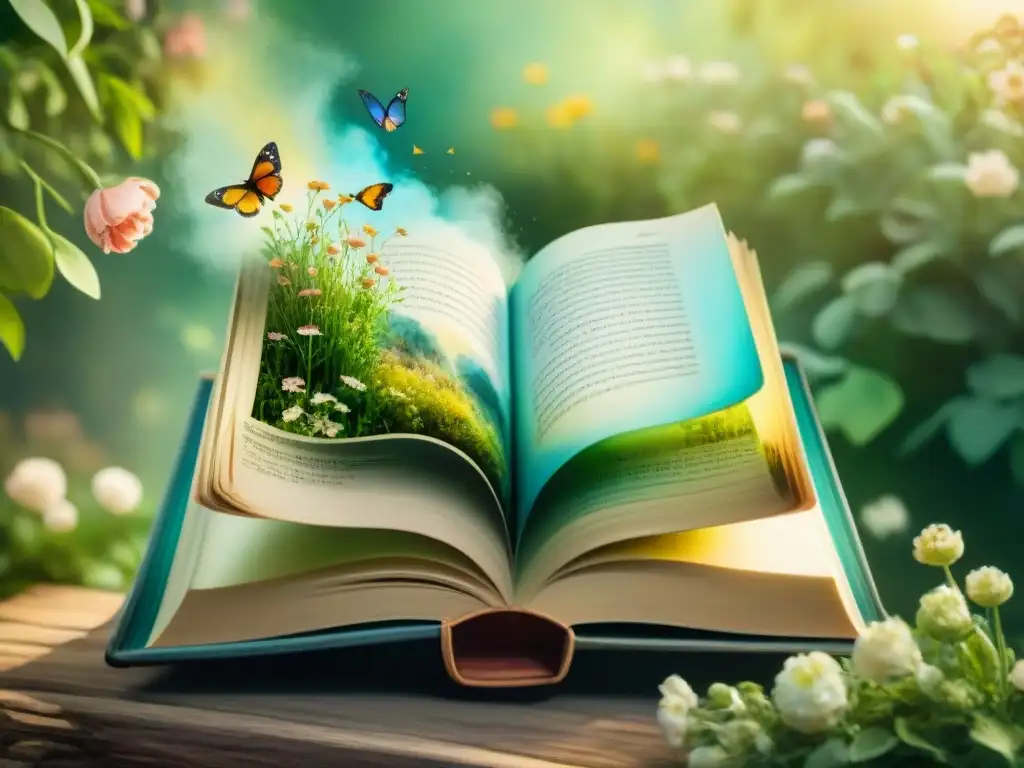 Un libro antiguo con flores brotando y mariposas, en un jardín soleado