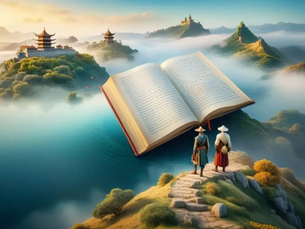 Un libro antiguo con páginas que se transforman en paisajes culturales diversos, fusionando literatura en lenguas originales y uniendo culturas