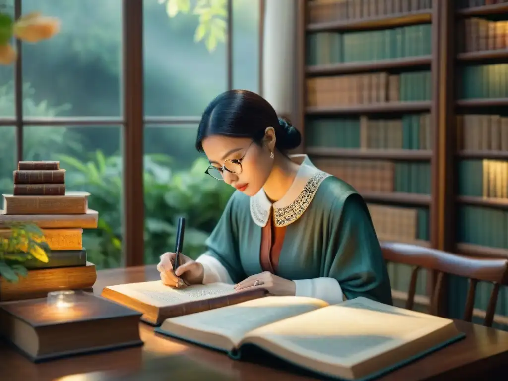 Una lingüista analiza manuscritos antiguos con lupa en un acogedor estudio iluminado por luz natural, rodeada de libros y herramientas lingüísticas