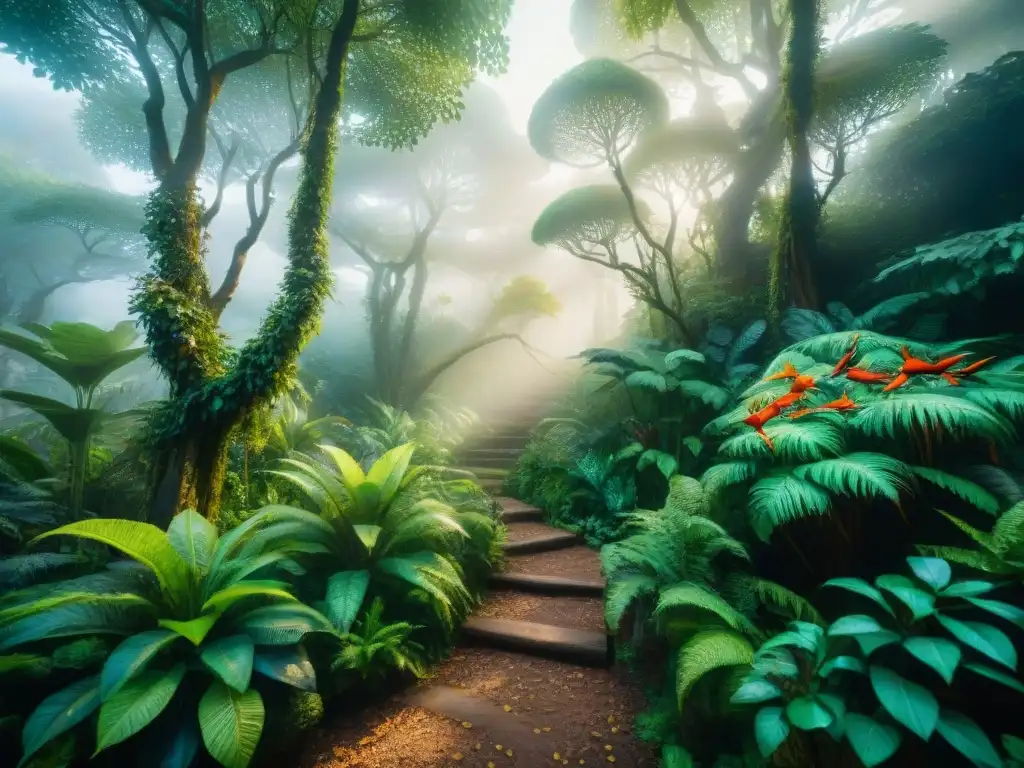 Un mágico bosque en acuarela con luz etérea entre la densa vegetación, aves coloridas y sendero oculto