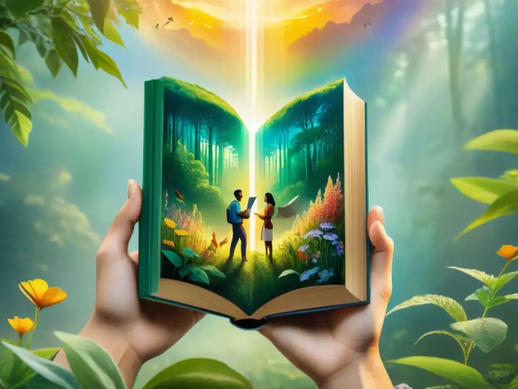 Un mágico cuadro de acuarela con personas de diferentes culturas rodeando un antiguo libro brillante, en un bosque encantado