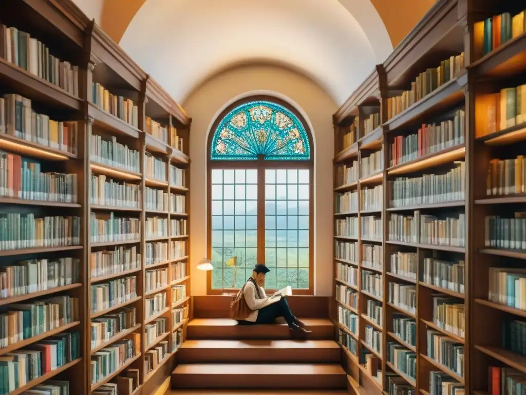 Un rincón mágico de diversidad lingüística crítica: textos en diferentes dialectos iluminados por el sol en una biblioteca acogedora