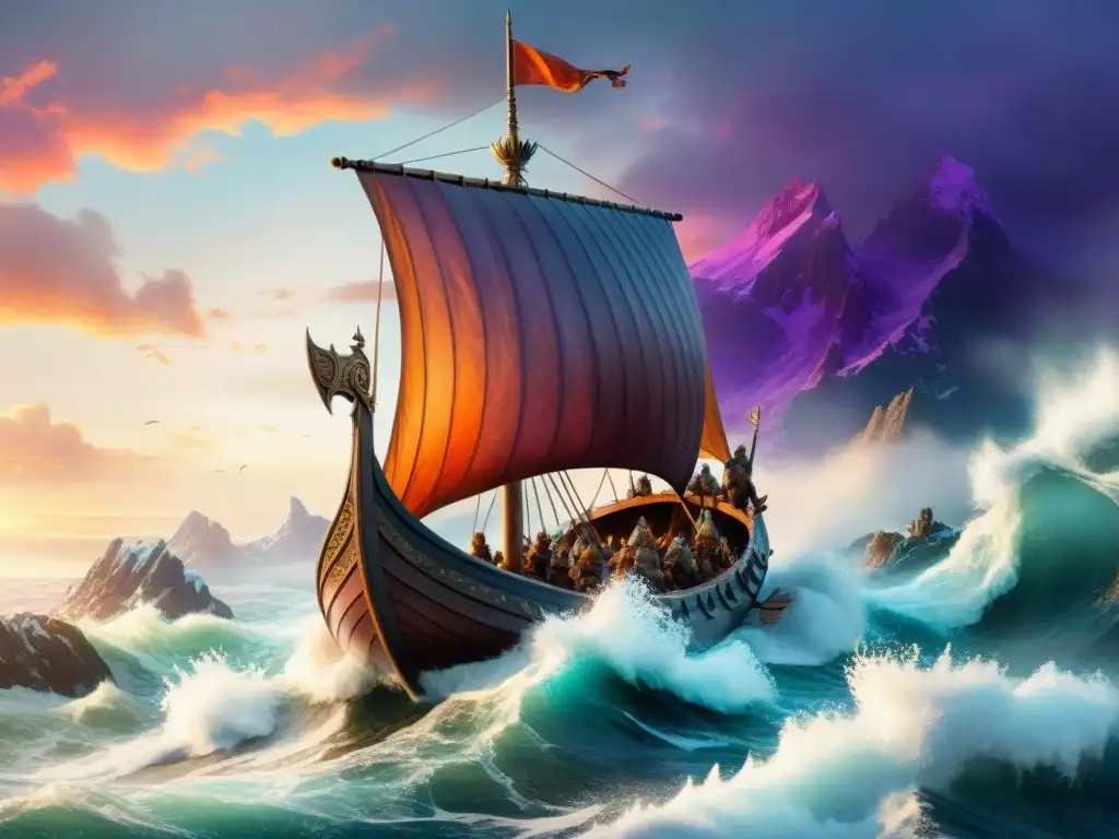 Una majestuosa ilustración de acuarela de un antiguo barco vikingo navegando en aguas turbulentas bajo un cielo vibrante