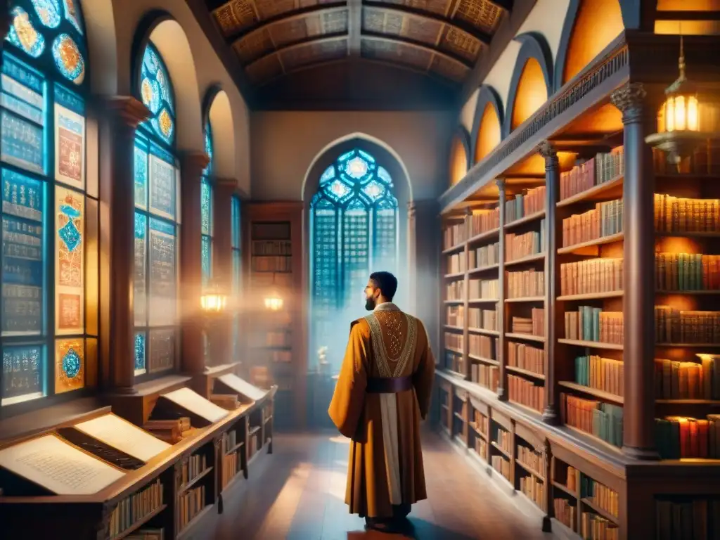 Una majestuosa biblioteca antigua llena de escritos clásicos indo europeos, iluminada por cálida luz solar