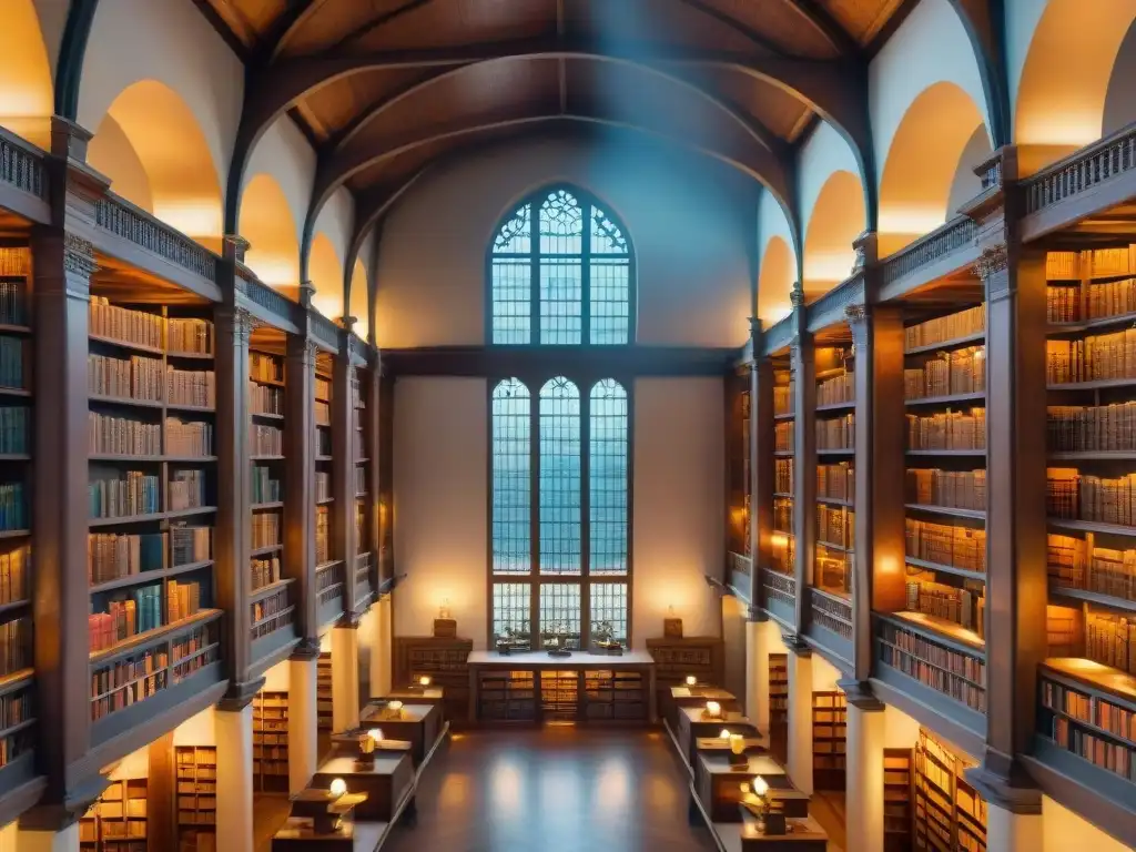 Una majestuosa biblioteca antigua llena de libros en diversos idiomas antiguos, con luz cálida iluminando lectores