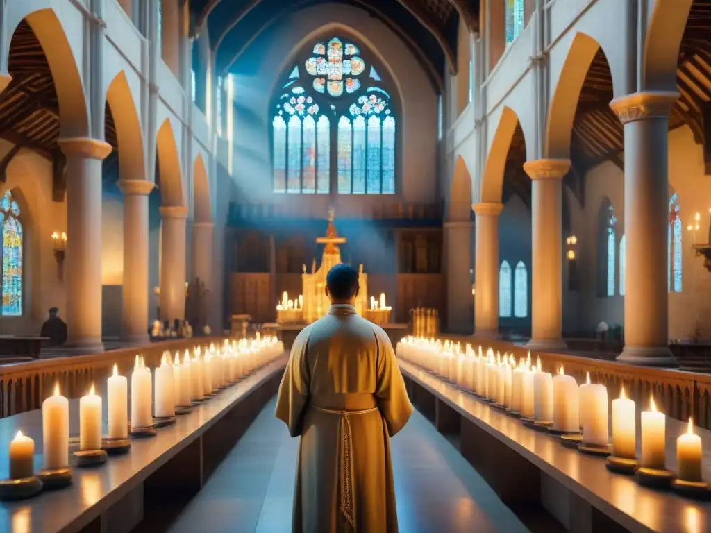 Una majestuosa catedral iluminada por vitrales, donde fieles rezan, resaltando la importancia del Latín en liturgia