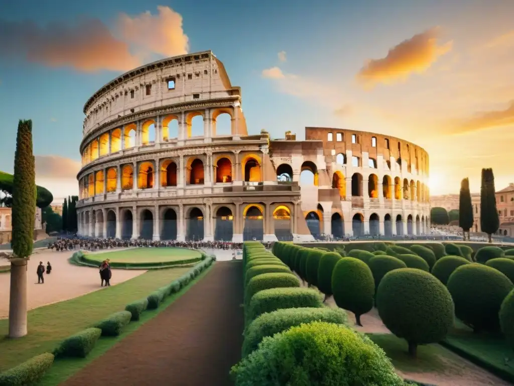 Una majestuosa pintura acuarela del Coliseo romano bajo un vibrante atardecer, rodeado de exuberante vegetación y elementos arquitectónicos detallados