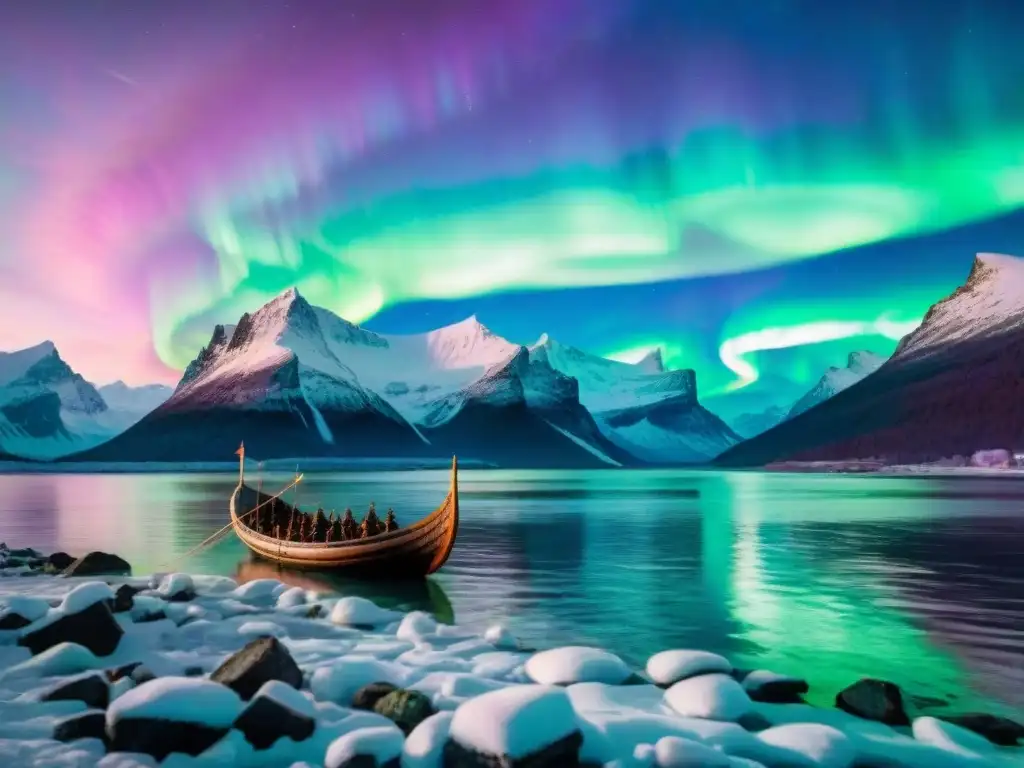 Majestuoso barco vikingo bajo auroras boreales y montañas nevadas, capturando la esencia de las sagas nórdicas