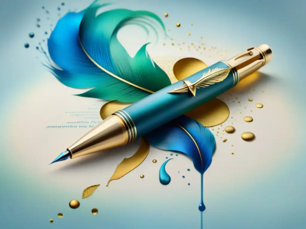 Un majestuoso bolígrafo pluma escribe acentos y signos de puntuación en colores vibrantes, reflejando la elegancia artística y precisión gramatical