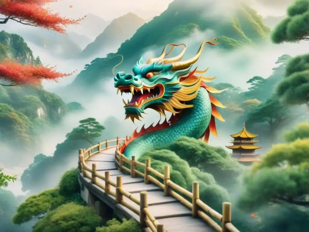 Un majestuoso dragón chino se desliza alrededor de una pagoda en un bosque de bambú, invitando a descubrir la magia de China