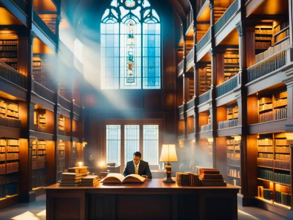 Magistral biblioteca con personas leyendo en armonía Un majestuoso cuadro de una biblioteca llena de manuscritos antiguos, bañada en luz cálida