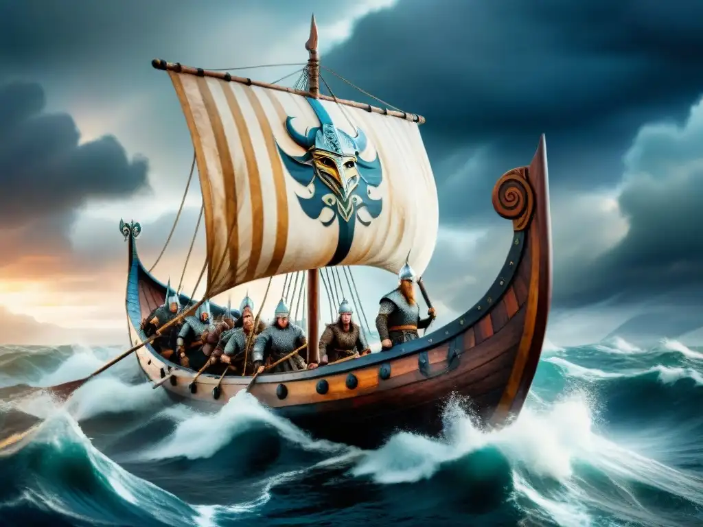 Un majestuoso drakkar vikingo navegando en mares tormentosos bajo un cielo dramático, reflejando la antigua lengua vikinga