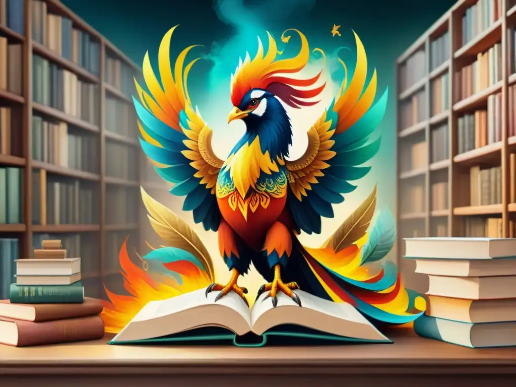 Un majestuoso fénix emerge de libros en varios idiomas, fusionando lenguajes en la literatura moderna