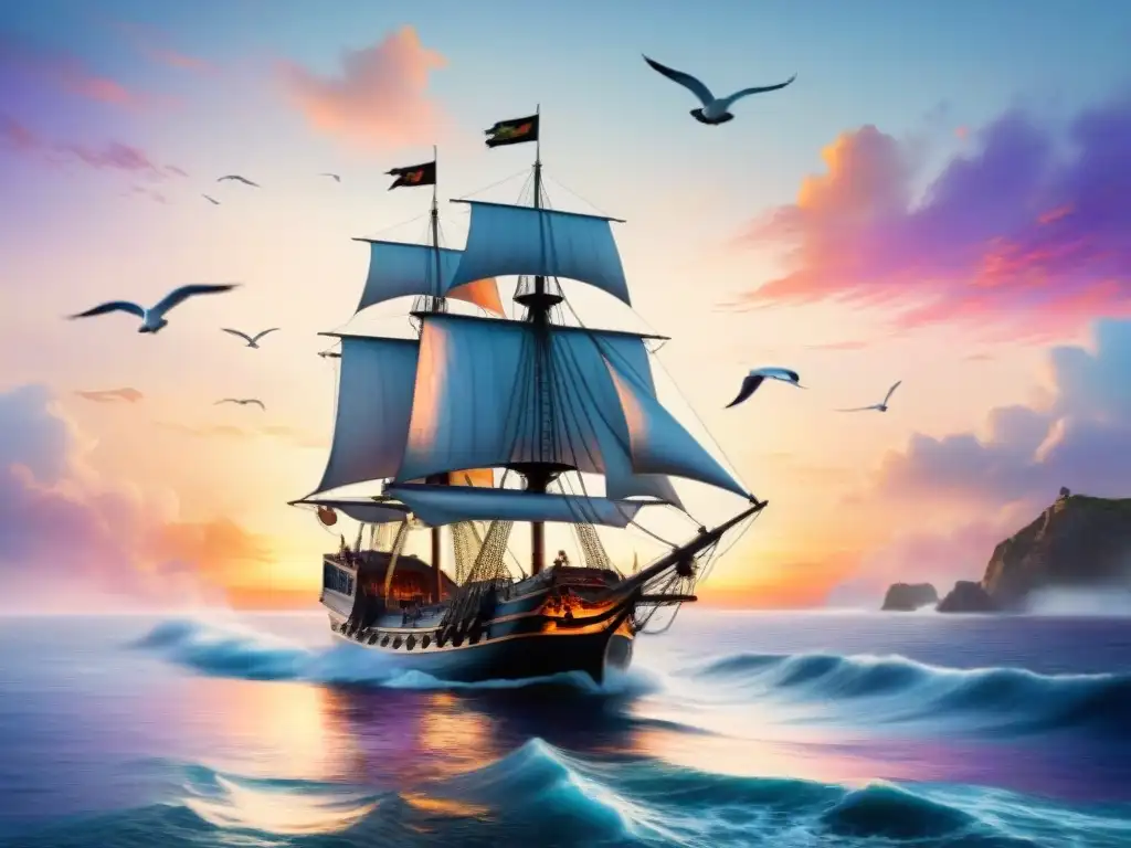 Un majestuoso galeón español navegando en un mar azul, con un atardecer vibrante y gaviotas en vuelo