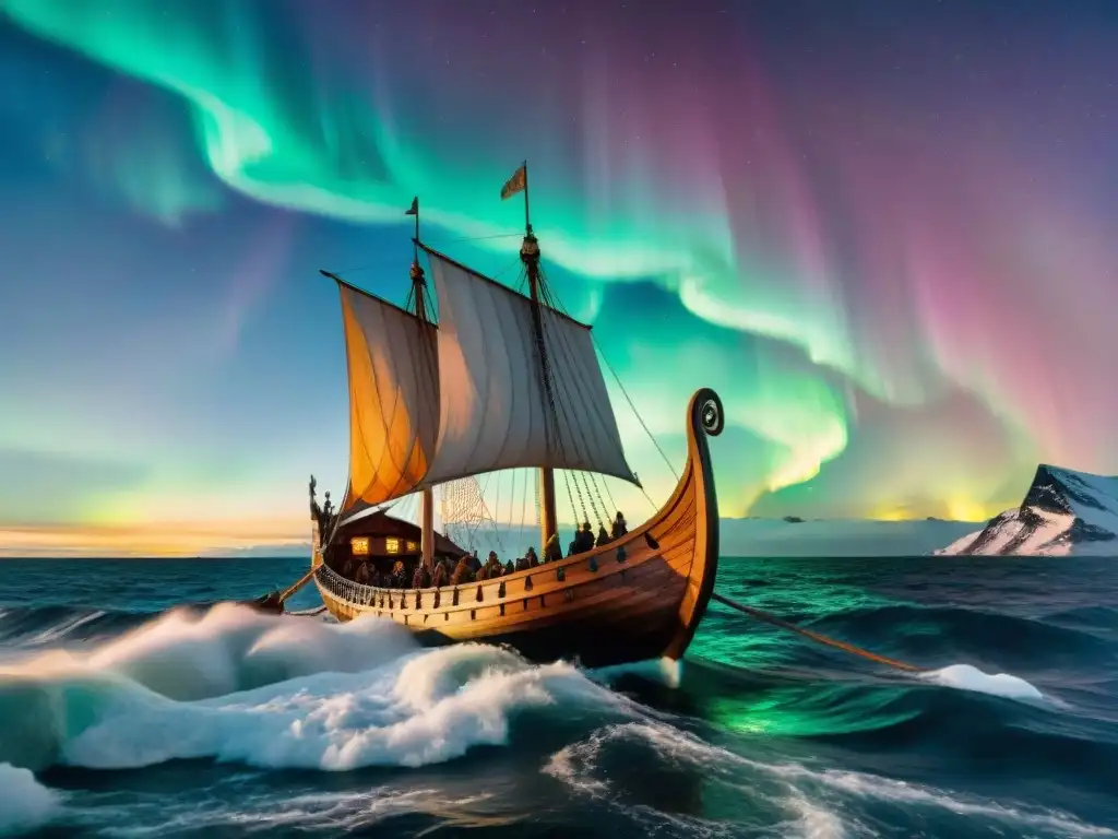 Un majestuoso drakkar vikingo surca aguas turbulentas bajo auroras boreales, con runas talladas