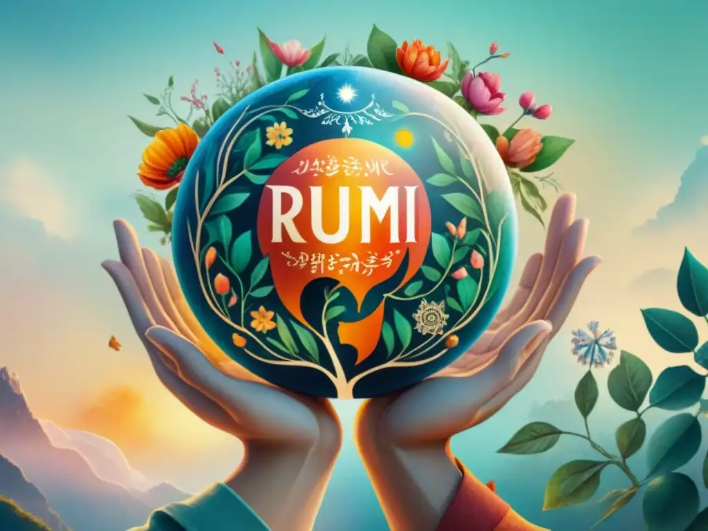 Ilustración acuarela: manos diversas tocan globo radiante con símbolos poéticos, riqueza lingüística Rumi poética idiomas