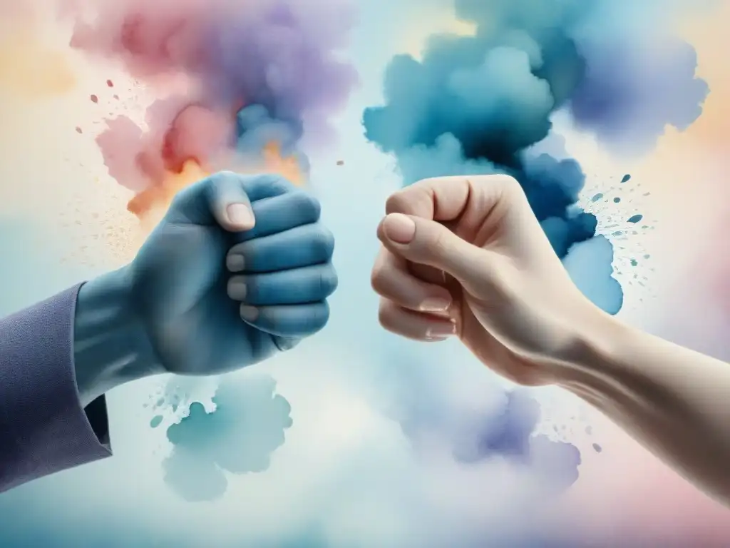 Contraste emocional: manos en agua Ilustración acuarela: manos que expresan emociones opuestas, simbolizando la dualidad en retórica de crímenes de odio