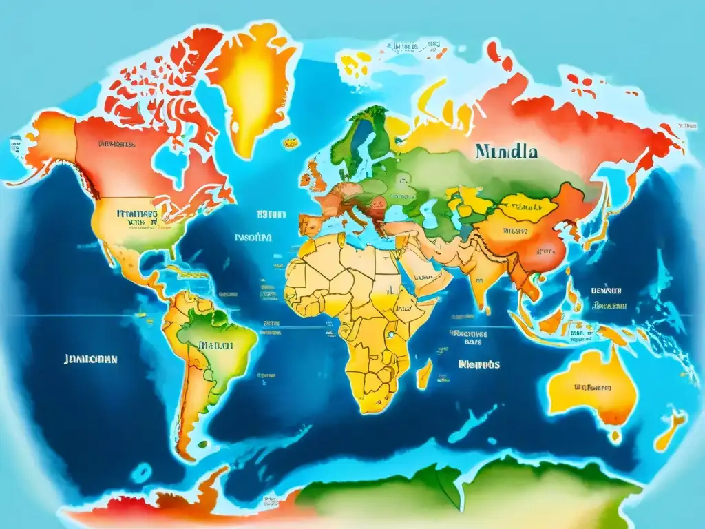 Mapa acuarela detallado del mundo con colores vibrantes representando dialectos y lenguas, con caligrafía intrincada en scripts nativos