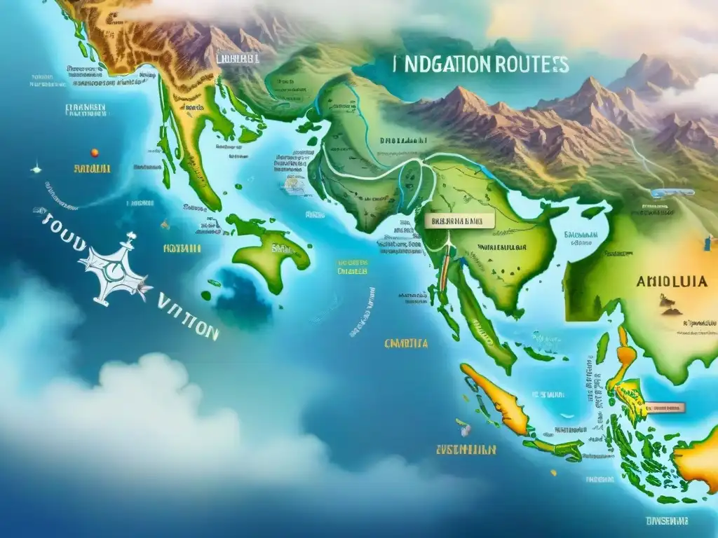 Mapa acuarela de migraciones IndoEuropeas con colores vibrantes y símbolos lingüísticos