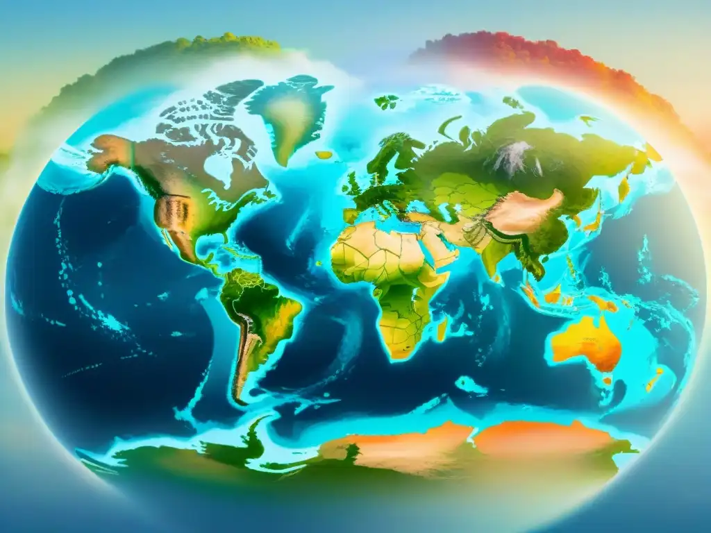 Mapa detallado en acuarela de centros de comercio electrónico mundial conectados, destacando regiones clave