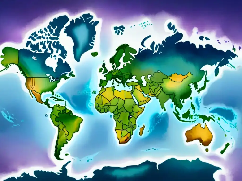 Mapa detallado en acuarela con dialectos del inglés en el mundo en tonos azules, verdes y morados, lleno de símbolos culturales y monumentos