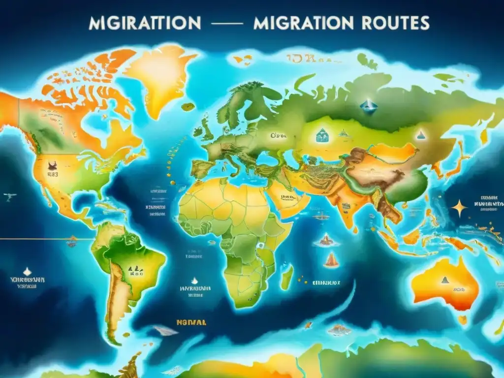 Un mapa detallado de rutas de migración antigua en acuarela, con símbolos culturales y dialectos históricos entrelazados