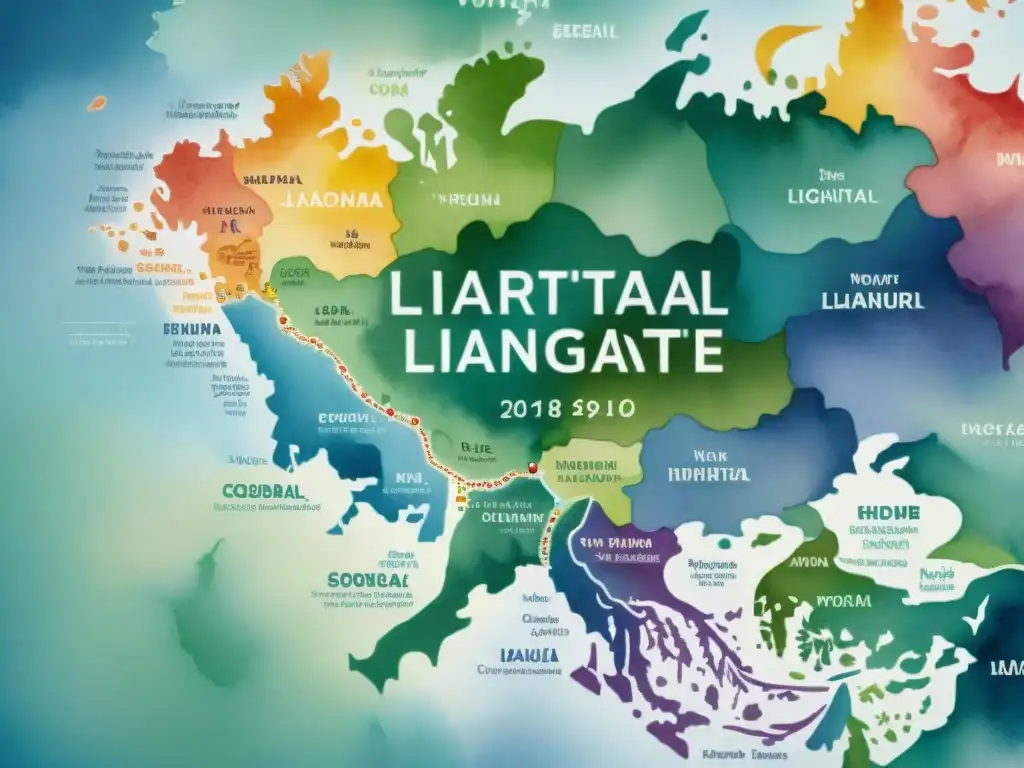 Mapa lingüístico detallado con distribución de dialectos en vibrantes colores, como un hermoso tapiz cultural