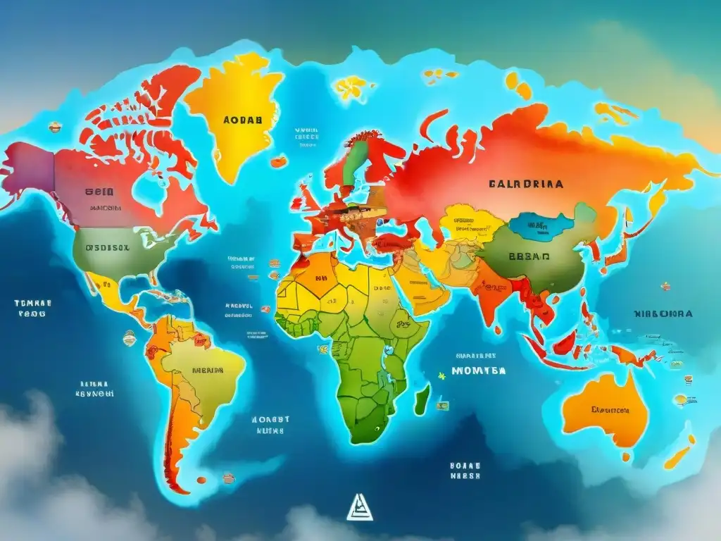 Un mapa mundial colorido con símbolos de idiomas entrelazados, simbolizando la influencia migratoria en la diversidad dialectal