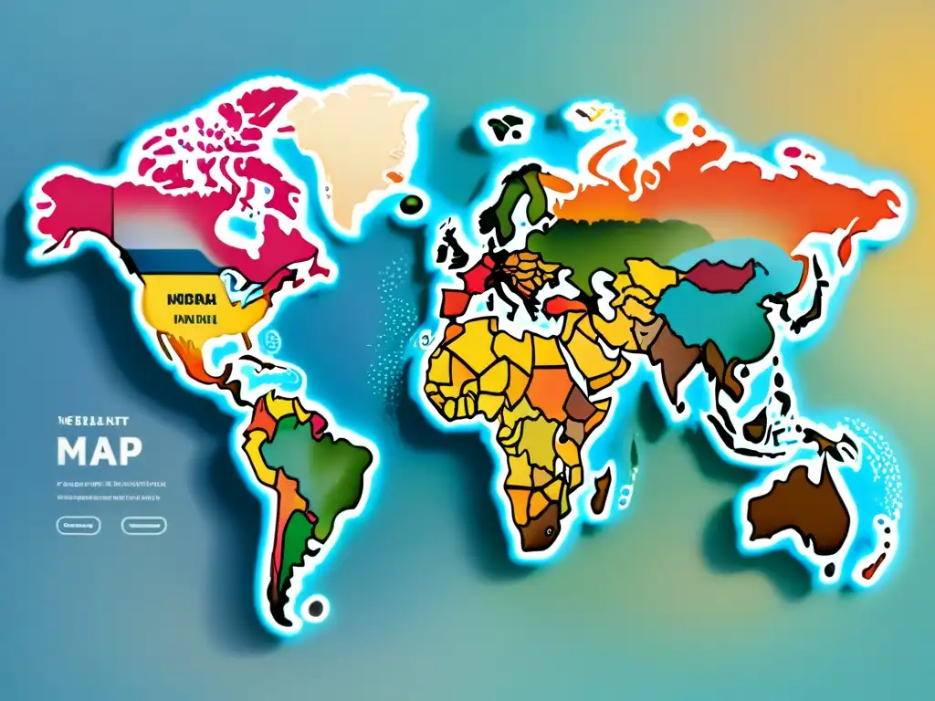 Mapa mundial detallado en acuarela, mostrando la riqueza lingüística de dialectos alrededor del mundo