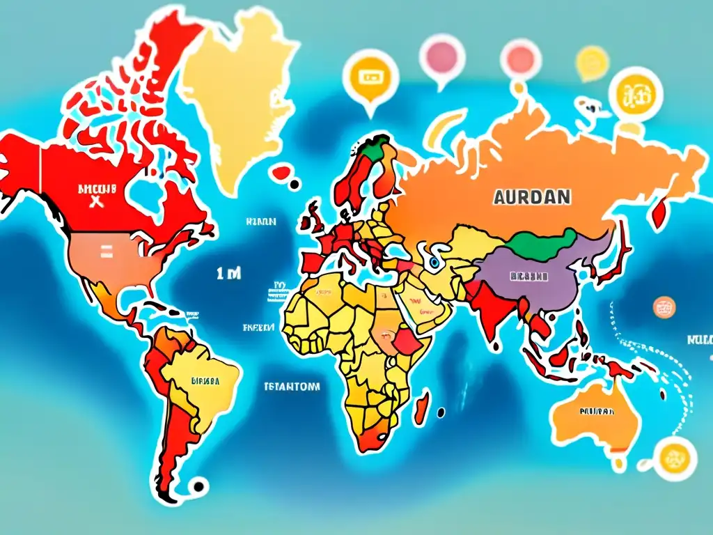 Mapa mundial detallado en acuarela, dialectos representados con burbujas de diálogo coloridas y letras bellas