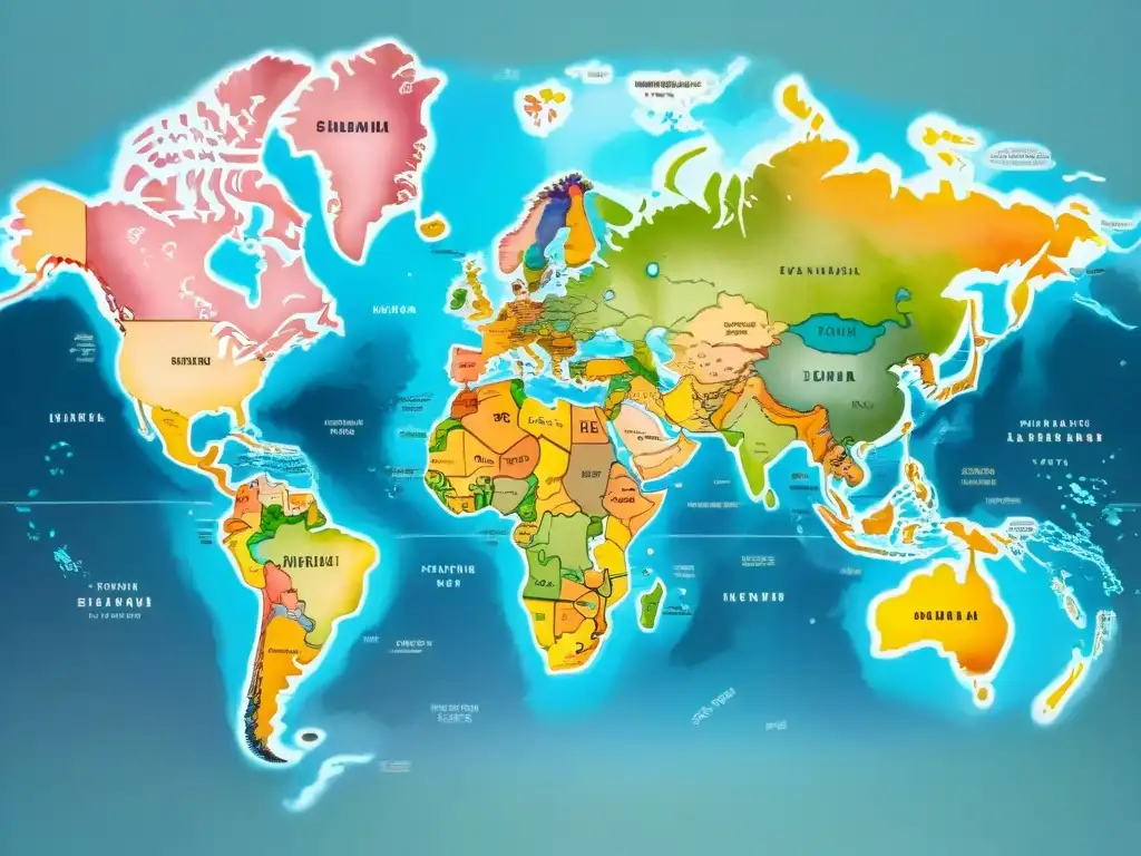 Mapa mundial detallado en acuarela resaltando dialectos del inglés en el mundo