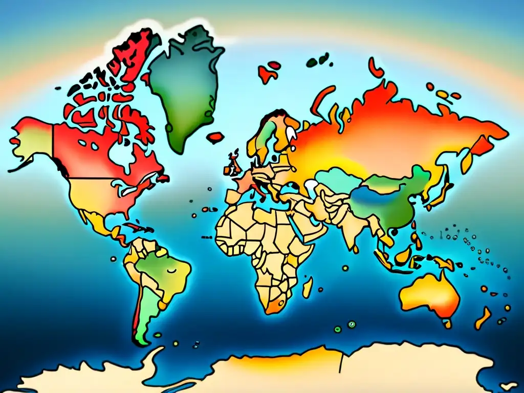 Mapa mundial detallado en acuarela con patrones de dialectos coloridos del inglés, mostrando la diversidad lingüística