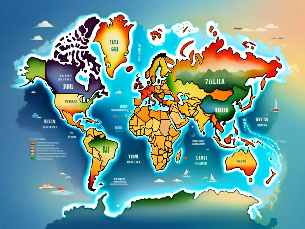 Un mapa mundial detallado, resaltando con colores vibrantes los dialectos del inglés en el mundo, rodeado de una acuarela etérea