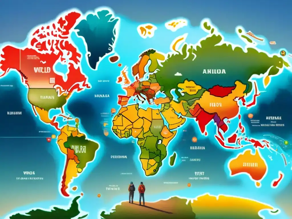 Mapa mundial detallado con dialectos coloridos y símbolos culturales