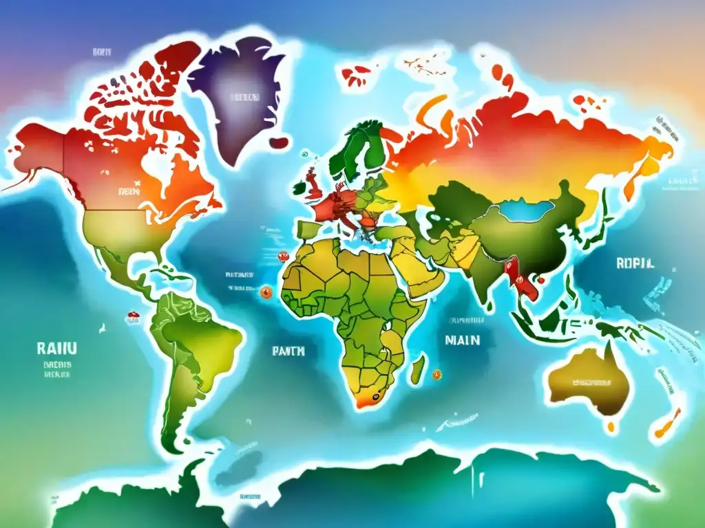 Mapa mundial de dialectos lingüísticos con patrones y colores únicos, rodeado de elementos digitales